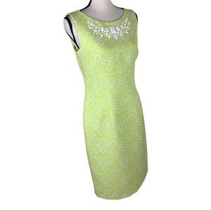 Jones New York Sleeveless Vivid Lime/White Jeweled Embellished Sheath Dress Sz 8